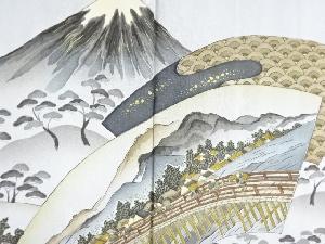 アンティーク　富士に時代人物風景模様肩裏本場泥大島紬100亀甲男物羽織